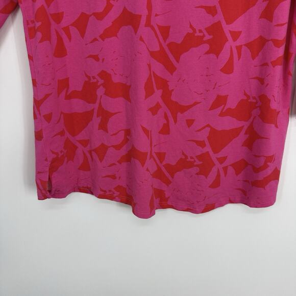 Belle Kim Gravel V Neck Bright Pink Floral 3/4 Sleeve Tee Size Small Pullover - Picture 4 of 7